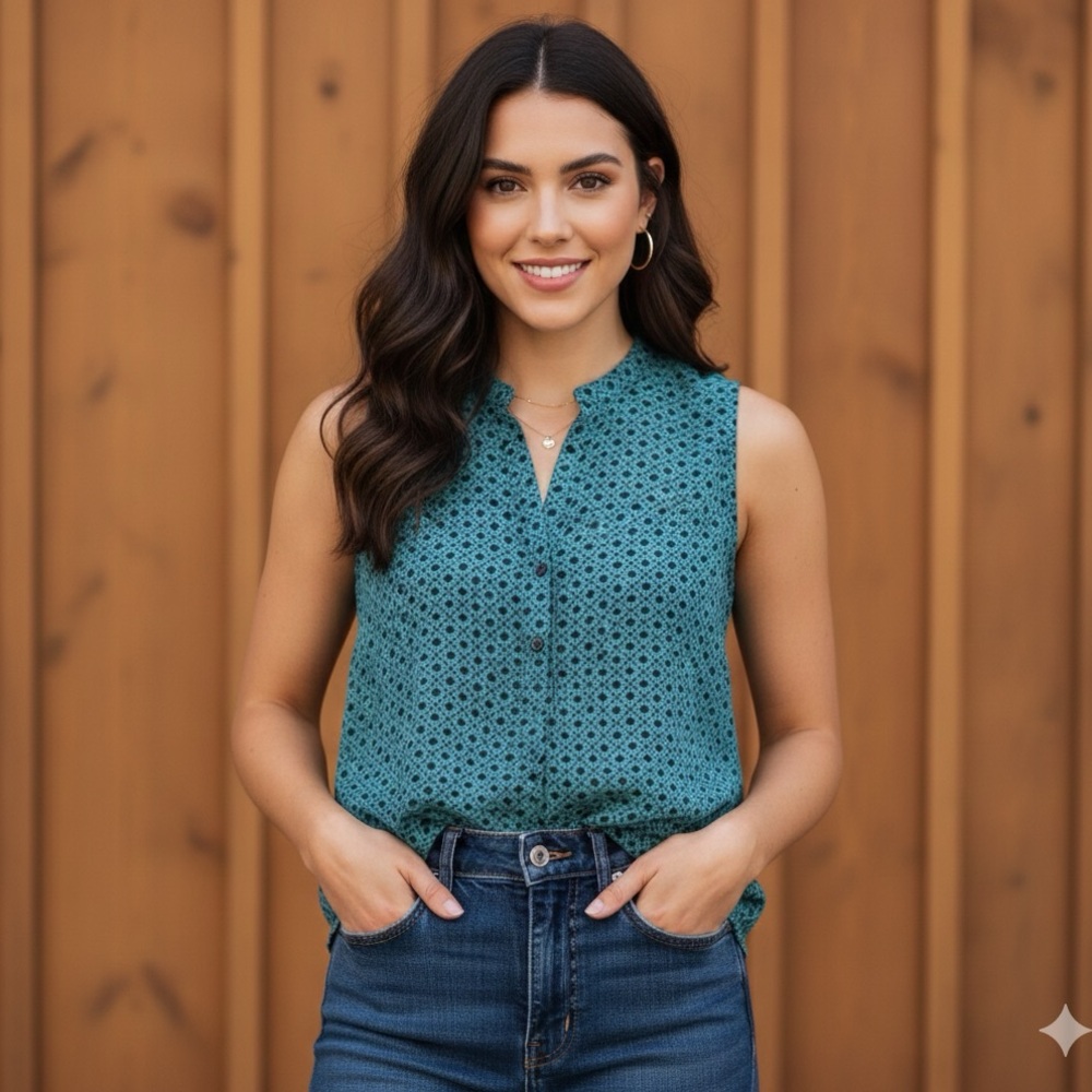 Madewell Tropical Green Lightweight Sheer 100% Silk Blouse, Sleeveless, Size S